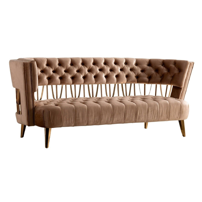 Homeroots 84" Beige Tufted Velvet and Gold Open Back Sofa