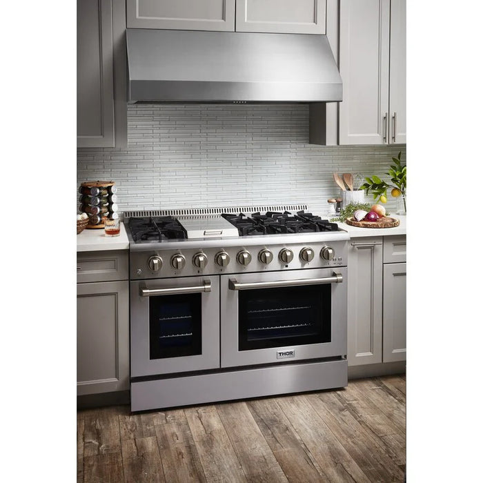 Thor Kitchen Package - 48" Dual Fuel Range, Range Hood, Refrigerator with Water & Ice Dispenser, Dishwasher, Microwave, Wine Cooler, AP-HRD4803ULP-W-10