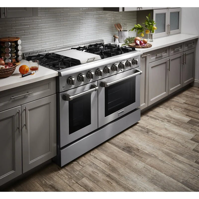 Thor Kitchen Package - 48" Dual Fuel Range, Range Hood, Refrigerator with Water and Ice Dispenser, Dishwasher, Microwave, AP-HRD4803U-W-9