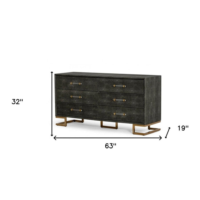 Homeroots 63" Grey Shagreen Faux Leather And Gold Six Drawer Double Dresser