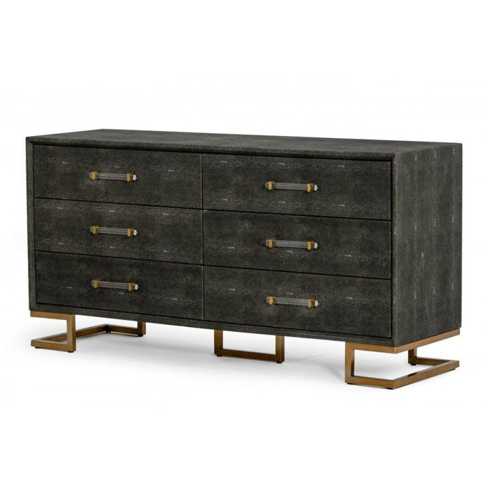 Homeroots 63" Grey Shagreen Faux Leather And Gold Six Drawer Double Dresser