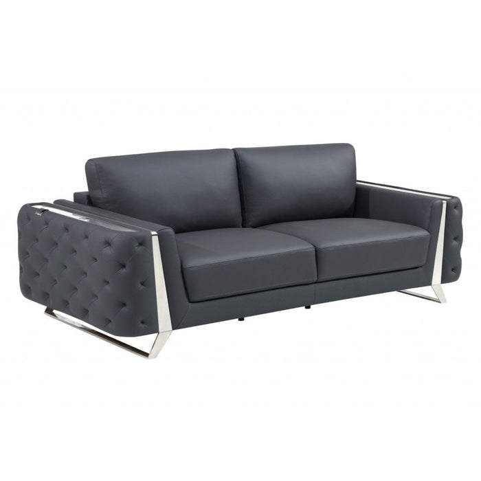 90" Dark Gray Italian Leather & Chrome Sofa by Homeroots