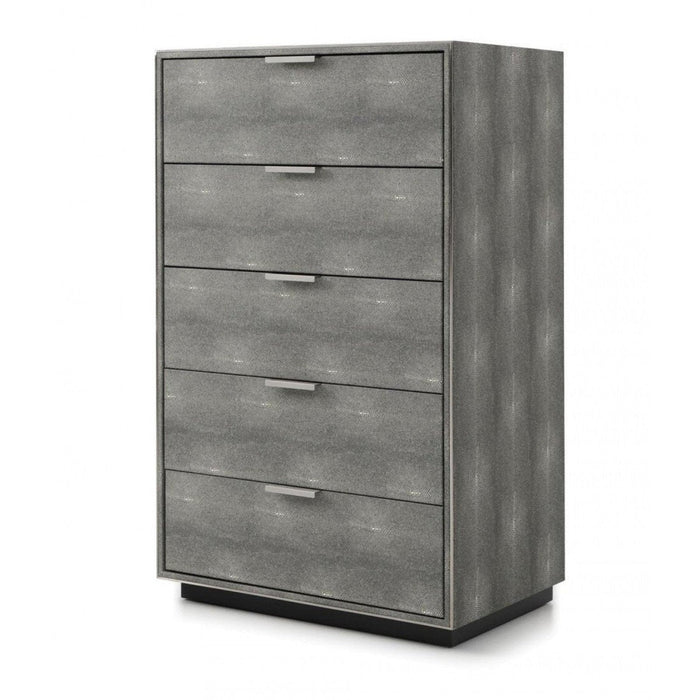 Homeroots 30" Grey Manufactured Wood + Solid Wood And Stainless Steel Five Drawer Chest
