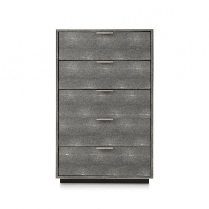 Homeroots 30" Grey Manufactured Wood + Solid Wood And Stainless Steel Five Drawer Chest