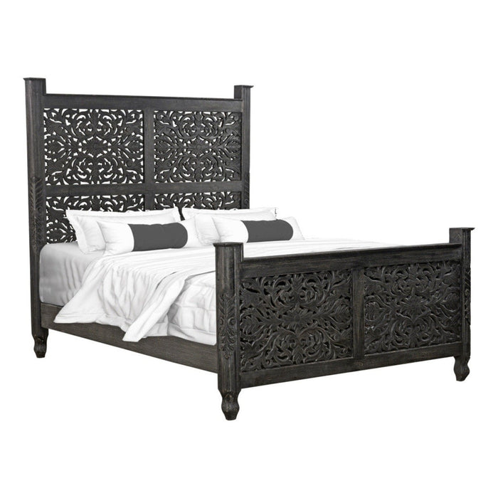 Homeroots Distressed Black Queen Bed: Carved Solid Wood Elegance