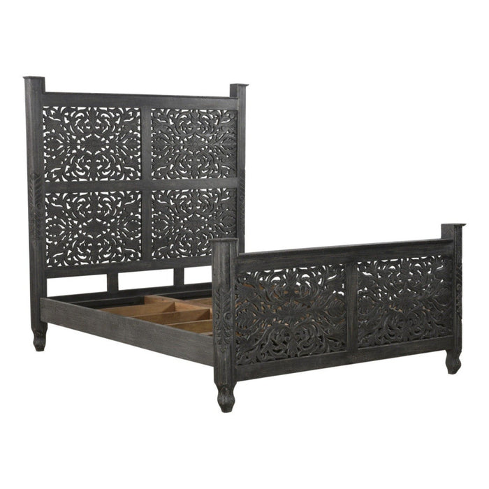 Homeroots Distressed Black Queen Bed: Carved Solid Wood Elegance