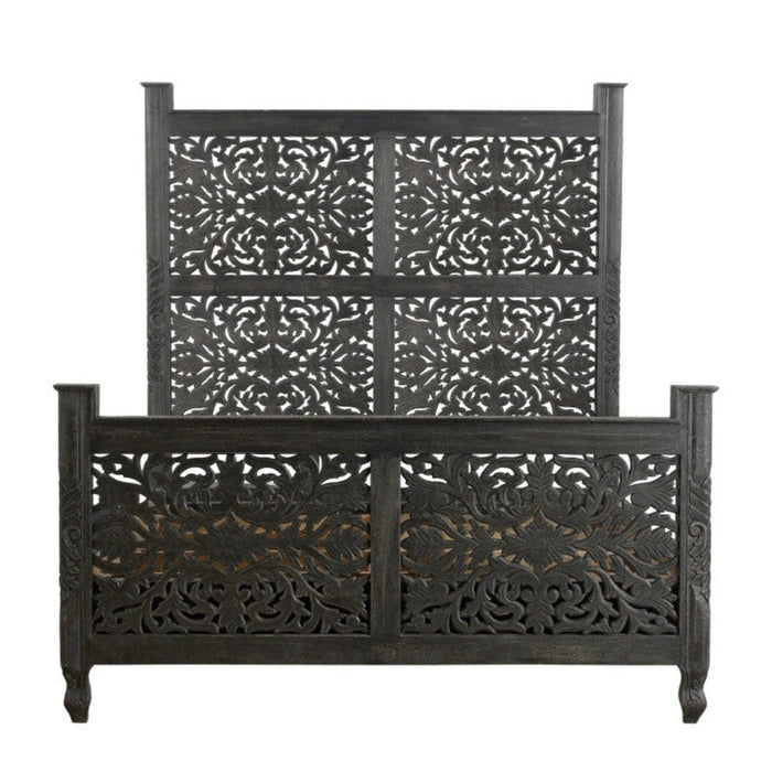 Homeroots Distressed Black Queen Bed: Carved Solid Wood Elegance