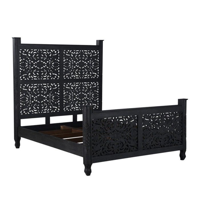 Homeroots Carved Solid Wood Queen Black Bed - Timeless Elegance