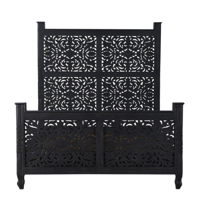 Homeroots Carved Solid Wood Queen Black Bed - Timeless Elegance