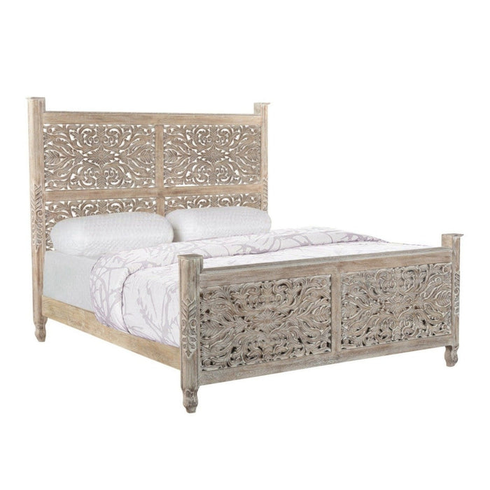 Exquisite Gray King Bed: Hand-Carved Solid Wood Elegance by Homeroots