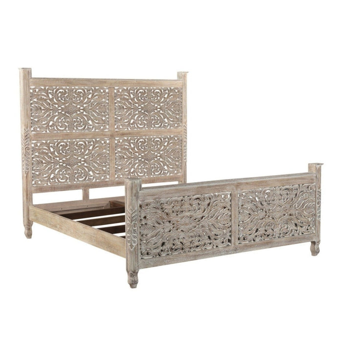 Exquisite Gray King Bed: Hand-Carved Solid Wood Elegance by Homeroots