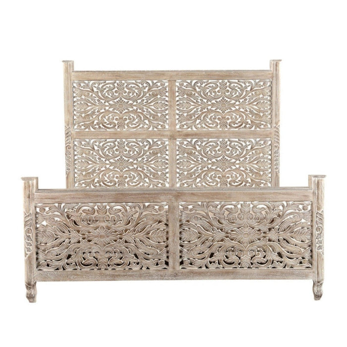 Exquisite Gray King Bed: Hand-Carved Solid Wood Elegance by Homeroots