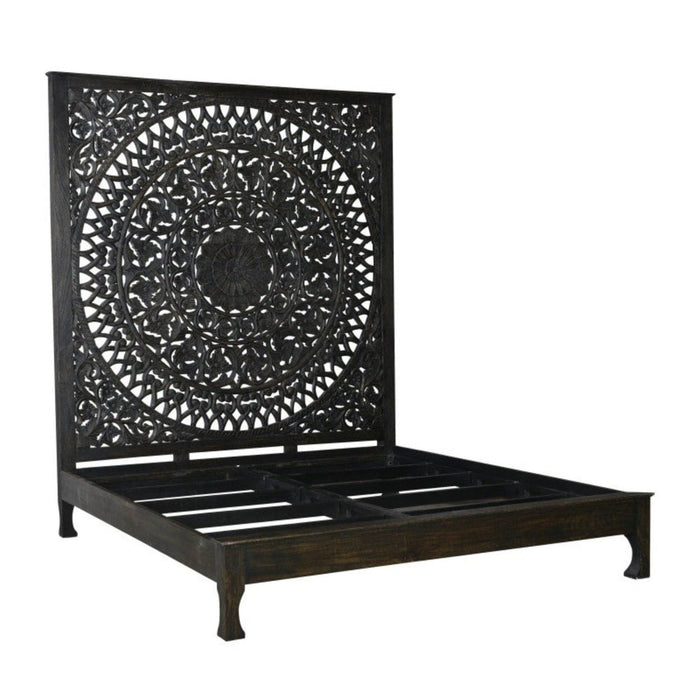 Homeroots Carved Medallion Solid Wood Queen Black Bed