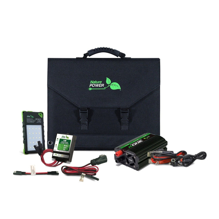 Nature Power's 120-Watt Folding Panel Kit, complete with a 400-Watt inverter, 8-Amp charge controller, and an additional bonus smartphone charger.