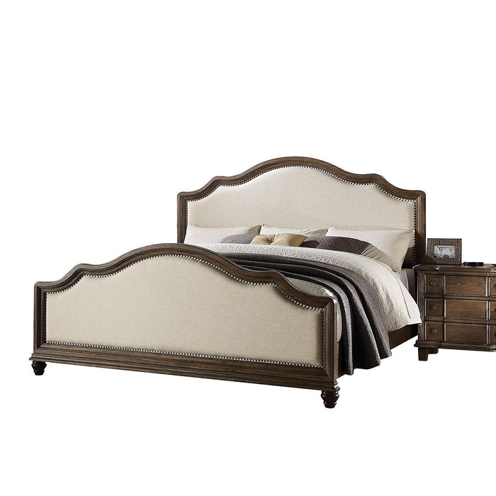 Homeroots Queen Bed in Elegant Beige Linen Upholstery Adorned with Chic Nailhead Trim