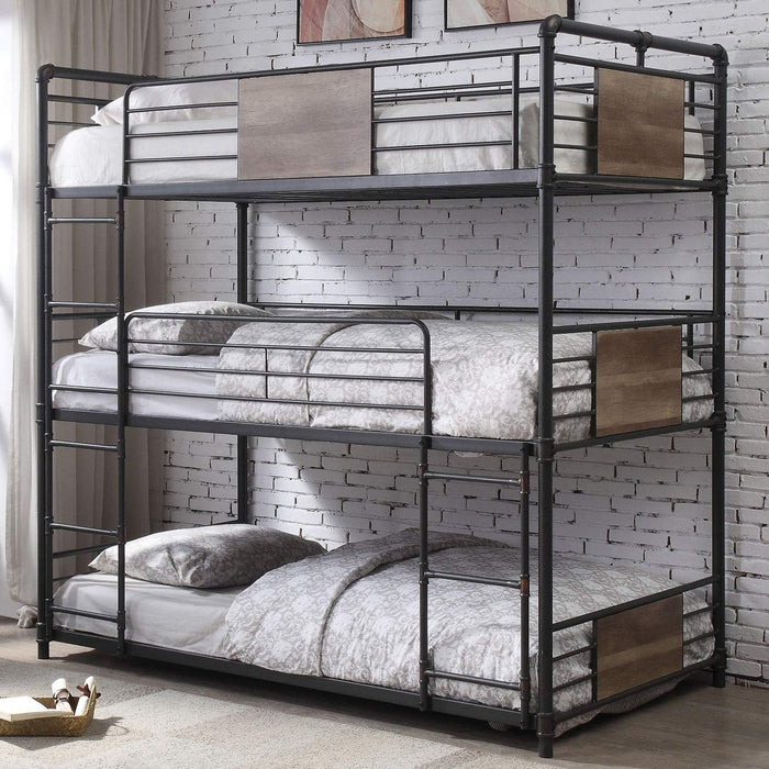 43" x 79" x 79" Sandy Black Dark Bronze Metal Wood Triple Bunk Bed - Twin Size