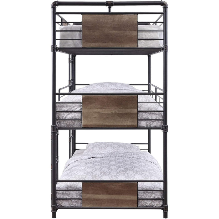 43" x 79" x 79" Sandy Black Dark Bronze Metal Wood Triple Bunk Bed - Twin Size