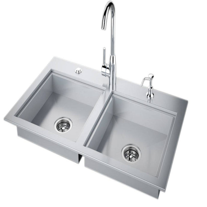 37-inch ADA Compliant Double Sink Accompanied by Covers and a Hot/Cold Faucet