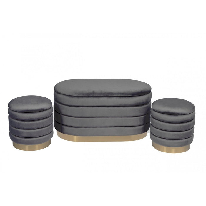 Best Quality Furniture - Gray Velvet 3-Piece Ottoman Set