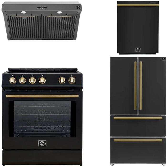 Forno Espresso Package - 30" Induction Range, Range Hood, 36" Refrigerator with Ice Maker and Dishwasher in Black with Antique Brass Handles, AP-4-0982BLK-1