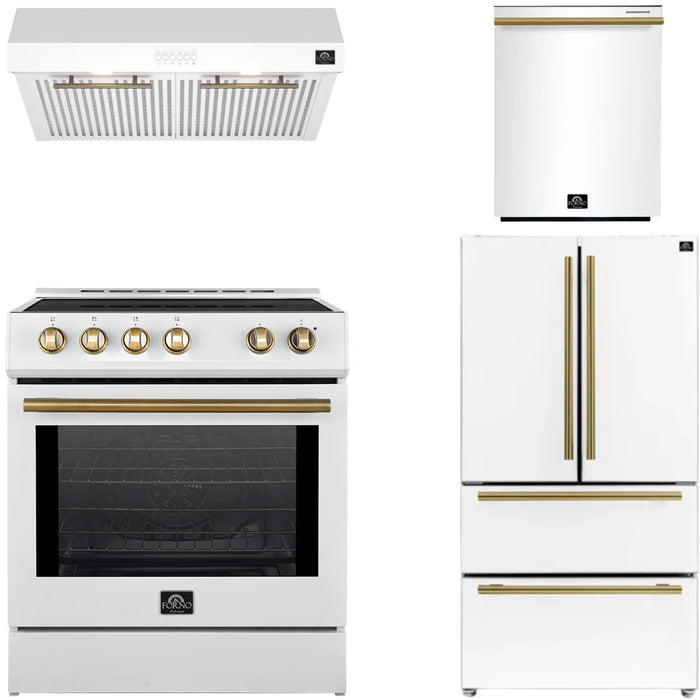 Forno Espresso Package - 30" Induction Range, Range Hood, 36" Refrigerator with Ice Maker and Dishwasher in White, AP-4-0982WHT-1