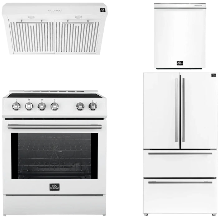 Forno Espresso Package - 30" Induction Range, Range Hood, 36" Refrigerator with Ice Maker and Dishwasher in White, AP-4-0982WHT-1