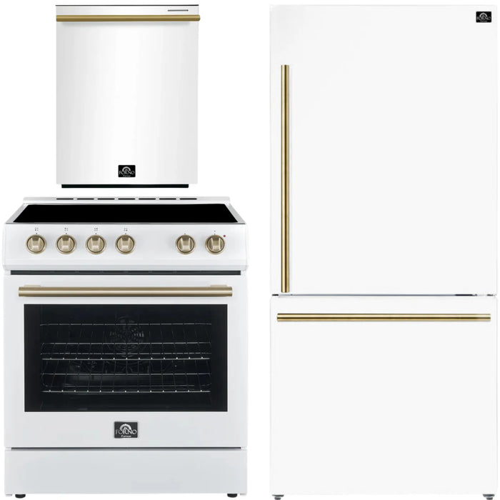 Forno Espresso Package - 30" Electric Range, Refrigerator and Dishwasher in White with Antique Brass Handles, AP-FFSEL6012-30WHT-A-A12-D