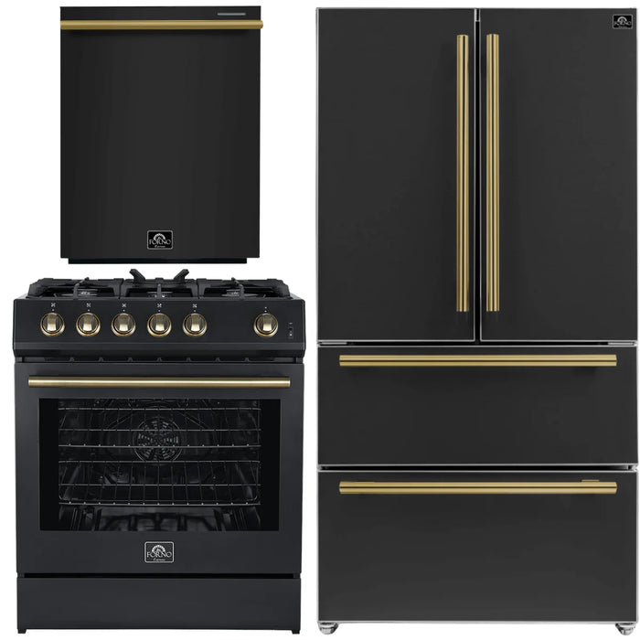 Forno Espresso Package - 30" Gas Range, 36" Refrigerator with Ice Maker and Dishwasher in Black with Antique Brass Accents, AP-FFSGS1116-30BLK-A-1