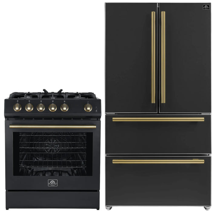 Forno Espresso Package - 30" Gas Range and 36" Refrigerator with Ice Maker in Black with Antique Brass Accents,AP-FFSGS1116-30BLK-A-2