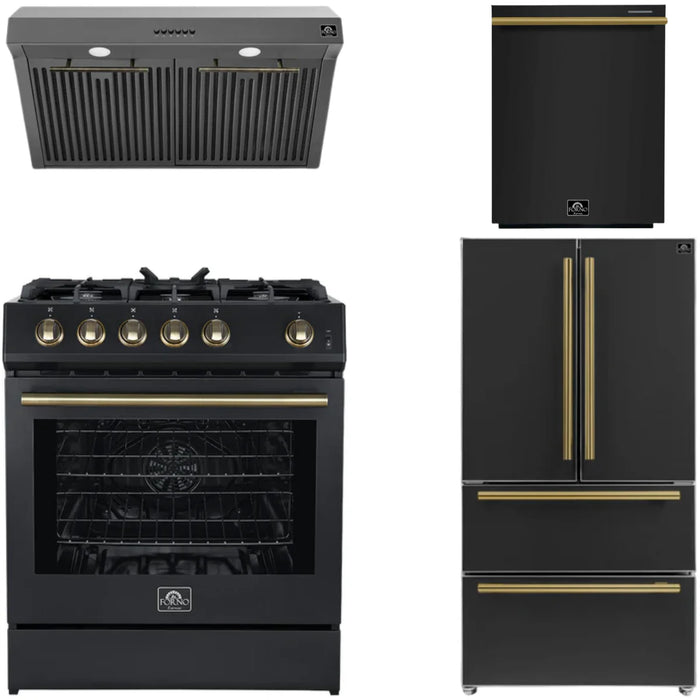 Forno Espresso Package - 30" Gas Range, Range Hood, 36" Refrigerator with Ice Maker and Dishwasher in Black with Antique Brass Accents, AP-FFSGS1116-30BLK-A-3