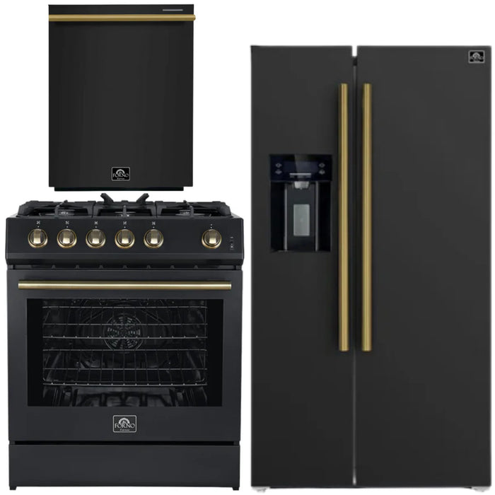 Forno Espresso Package - 30" Gas Range, 36" Refrigerator with Water and Ice Dispenser and Dishwasher in Black with Antique Brass Accents, AP-FFSGS1116-30BLK-A-4