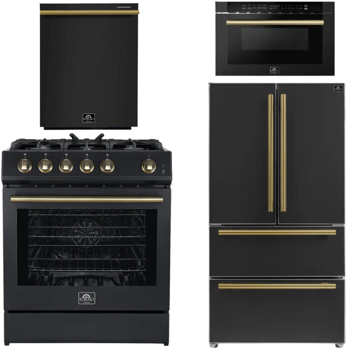 Forno Espresso Package - 30" Gas Range, 36" Refrigerator with Ice Maker, Dishwasher and 24" Microwave Drawer in Black with Antique Brass Accents, AP-FFSGS1116-30BLK-A-5