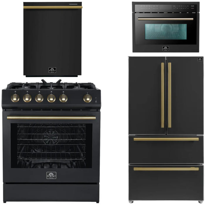 Forno Espresso Package - 30" Gas Range, 36" Refrigerator with Ice Maker, Dishwasher and 24" Microwave Oven in Black with Antique Brass Accents, AP-FFSGS1116-30BLK-A-6