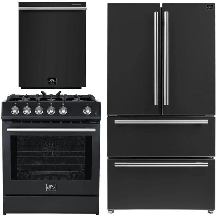 Forno Espresso Package - 30" Gas Range, 36" Refrigerator with Ice Maker and Dishwasher in Black with Silver Accents, AP-FFSGS1116-30BLK-S-1
