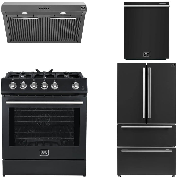 Forno Espresso Package - 30" Gas Range, Range Hood, 36" Refrigerator with Ice Maker and Dishwasher in Black with Silver Accents, AP-FFSGS1116-30BLK-S-3