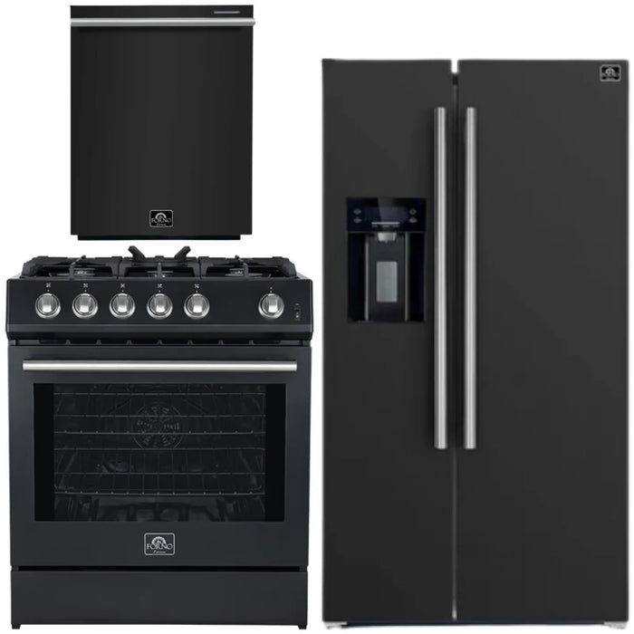 Forno Espresso Package - 30" Gas Range, 36" Refrigerator with Water and Ice Dispenser and Dishwasher in Black with Silver Accents, AP-FFSGS1116-30BLK-S-4