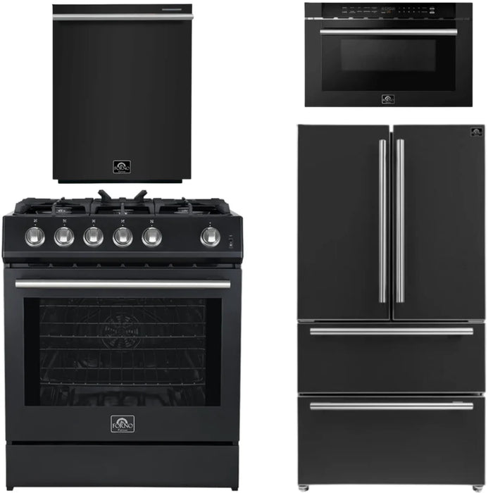 Forno Espresso Package - 30" Gas Range, 36" Refrigerator with Ice Maker, Dishwasher and 24" Microwave Drawer in Black with Silver Accents, AP-FFSGS1116-30BLK-S-5