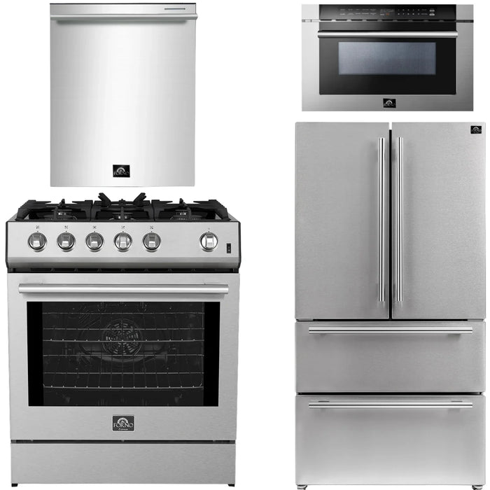Forno Espresso Package - 30" Gas Range, 36" Refrigerator with Ice Maker, Dishwasher and 24" Microwave Drawer in Stainless Steel, AP-FFSGS1116-30-5