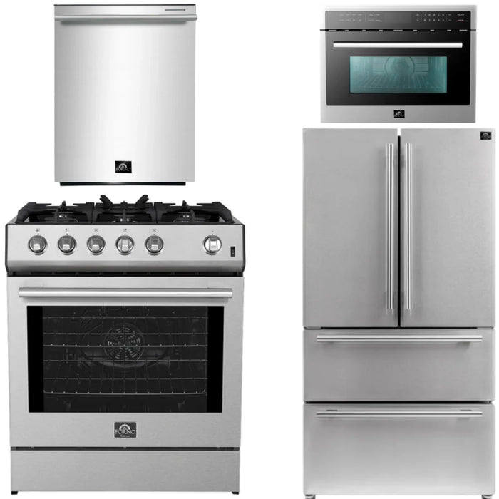 Forno Espresso Package - 30" Gas Range, 36" Refrigerator with Ice Maker, Dishwasher and 24" Microwave Oven in Stainless Steel, AP-FFSGS1116-30-6