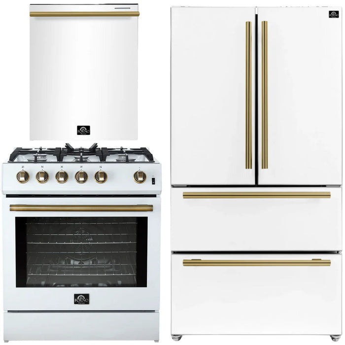 Forno Espresso Package - 30" Gas Range, 36" Refrigerator with Ice Maker and Dishwasher in White with Antique Brass Accents, AP-FFSGS1116-30WHT-A-1