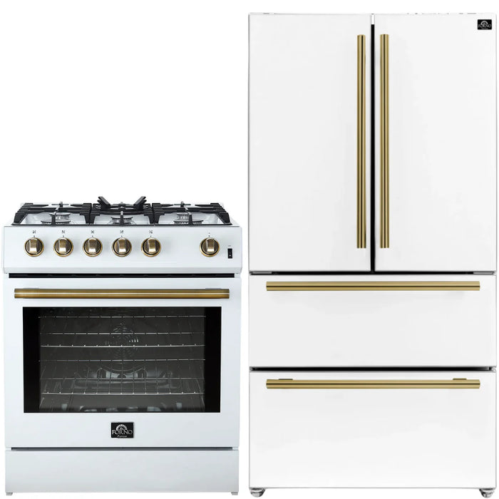 Forno Espresso Package - 30" Gas Range and 36" Refrigerator with Ice Maker in White with Antique Brass Accents, AP-FFSGS1116-30WHT-A-2