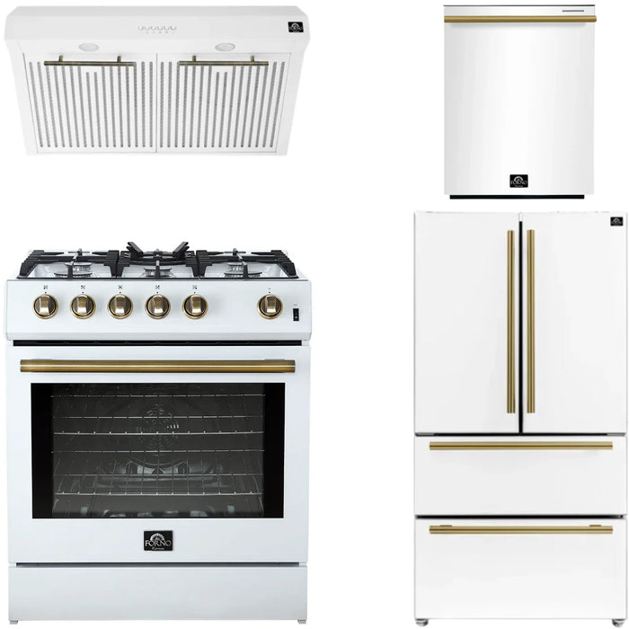 Forno Espresso Package - 30" Gas Range, Range Hood, 36" Refrigerator with Ice Maker and Dishwasher in White with Antique Brass Accents, AP-FFSGS1116-30WHT-A-3