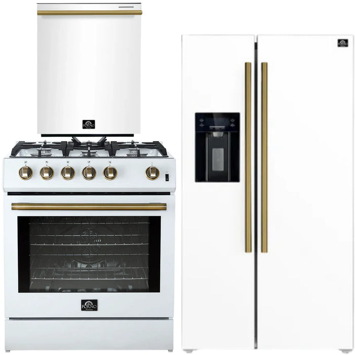 Forno Espresso Package - 30" Gas Range, 36" Refrigerator with Water and Ice Dispenser and Dishwasher in White with Antique Brass Accents, AP-FFSGS1116-30WHT-A-4