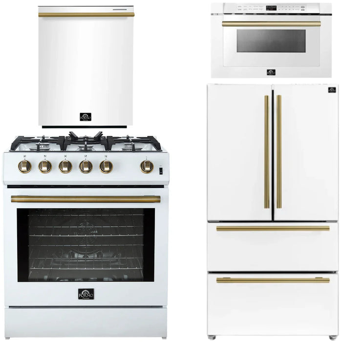 Forno Espresso Package - 30" Gas Range, 36" Refrigerator with Ice Maker, Dishwasher and 24" Microwave Drawer in White with Antique Brass Accents, AP-FFSGS1116-30WHT-A-5
