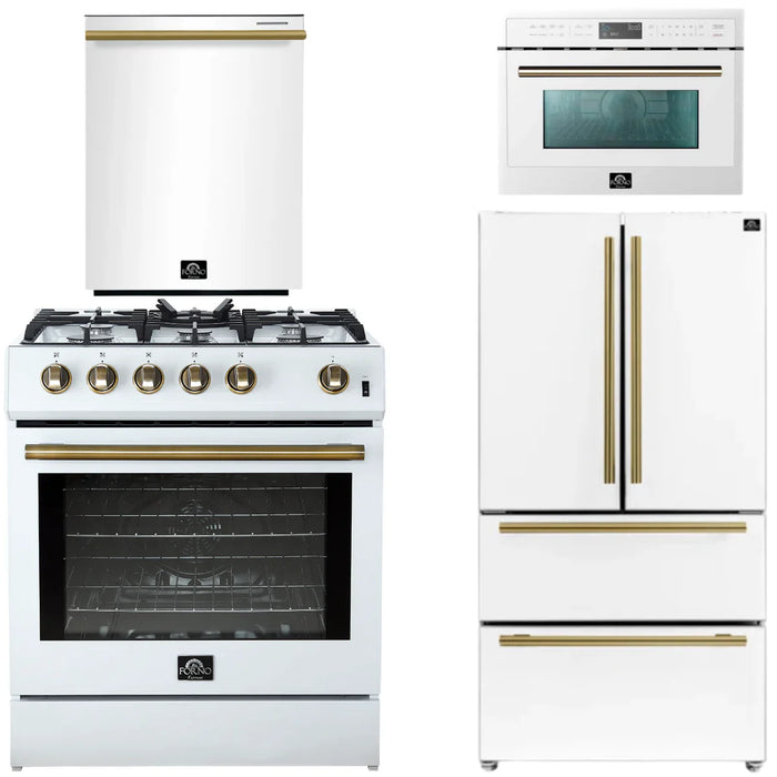 Forno Espresso Package - 30" Gas Range, 36" Refrigerator with Ice Maker, Dishwasher and 24" Microwave Oven in White with Antique Brass Accents, AP-FFSGS1116-30WHT-A-6