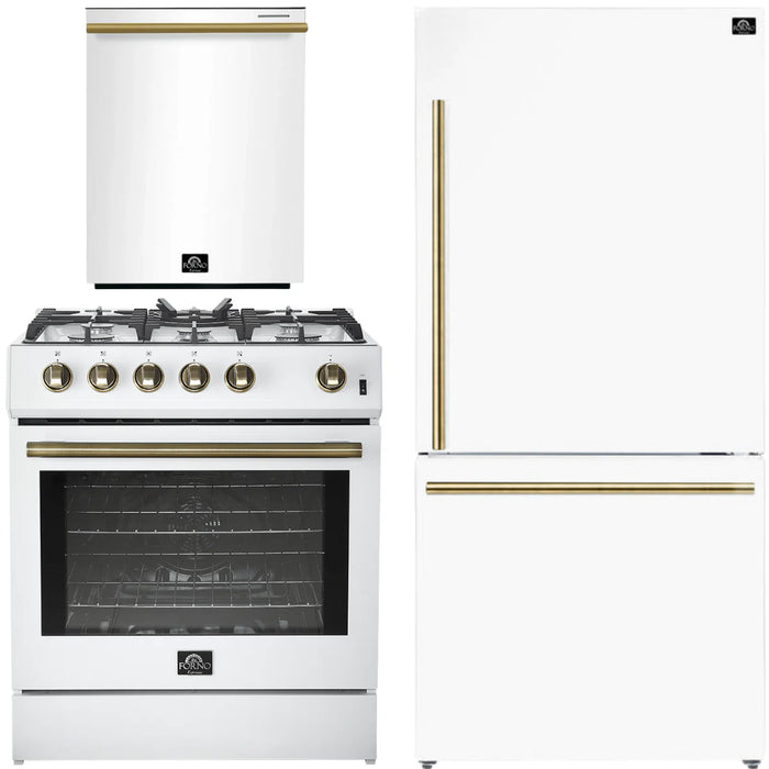 Forno Espresso Package - 30" Gas Range, Refrigerator and Dishwasher in White with Antique Brass Handles, AP-FFSGS1116-30WHT-A-A12-D