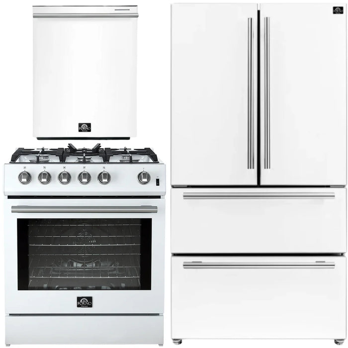 Forno Espresso Package - 30" Gas Range, 36" Refrigerator with Ice Maker and Dishwasher in White with Silver Accents, AP-FFSGS1116-30WHT-S-1
