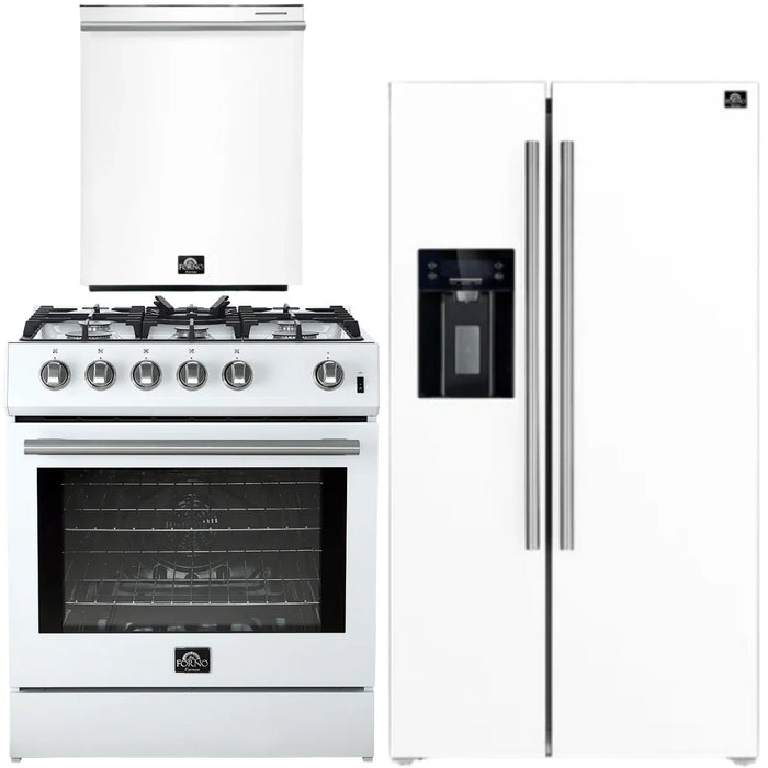 Forno Espresso Package - 30" Gas Range, 36" Refrigerator with Water and Ice Dispenser and Dishwasher in White with Silver Accents, AP-FFSGS1116-30WHT-S-4