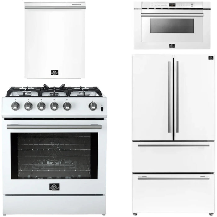 Forno Espresso Package - 30" Gas Range, 36" Refrigerator with Ice Maker, Dishwasher and 24" Microwave Drawer in White with Silver Accents, AP-FFSGS1116-30WHT-S-5