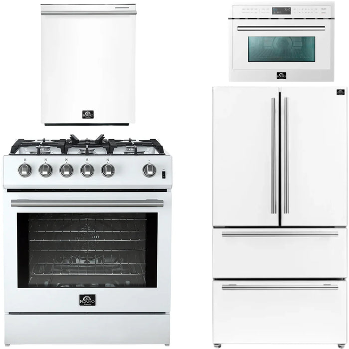 Forno Espresso Package - 30" Gas Range, 36" Refrigerator with Ice Maker, Dishwasher and 24" Microwave Oven in White with Silver Accents, AP-FFSGS1116-30WHT-S-6